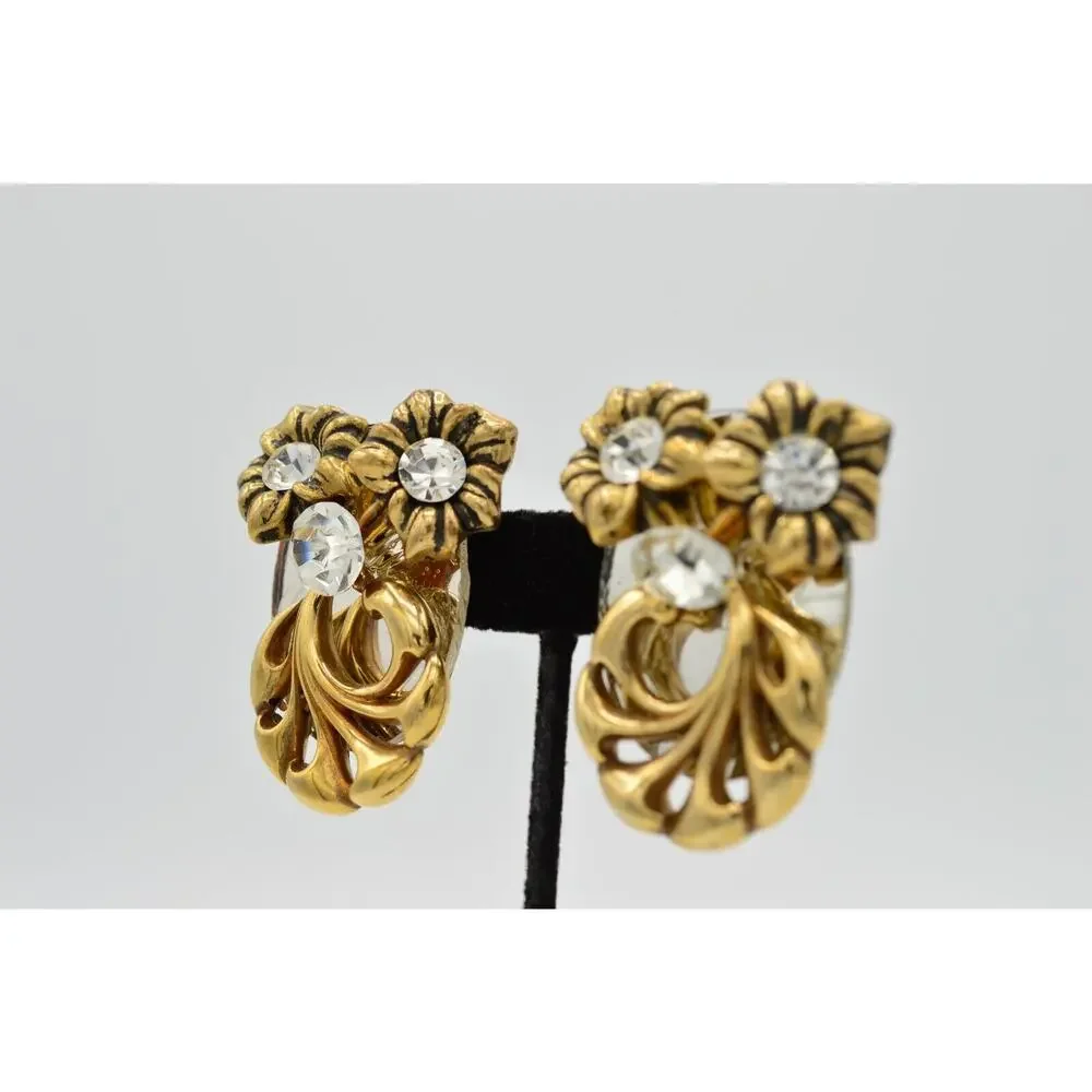 Vintage Clip On Earrings Rhinestone Crystal Mirrored Floral Chunky 1980s 9L